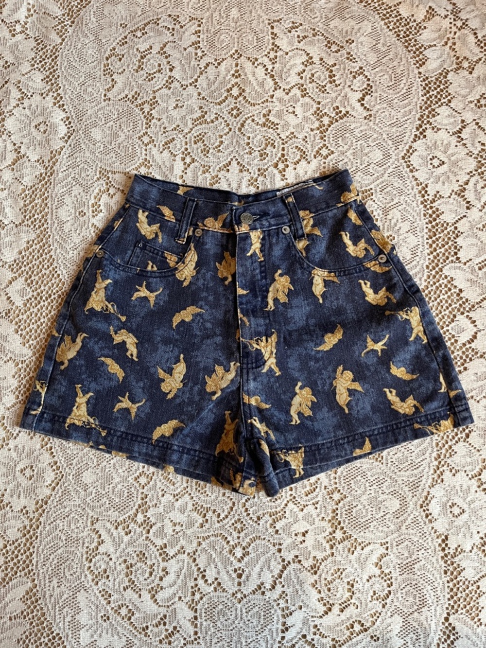 Blues Trademark Jeans 90's Cherub High Waist Jean Shorts, Blue & Gold, Size 3/4